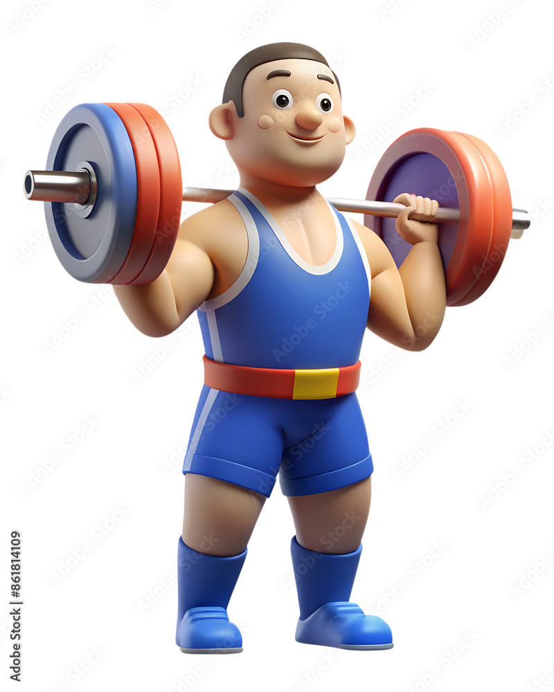 Obraz premium A cartoon weightlifter in blue athletic wear holds a barbell aloft, grinning confidently