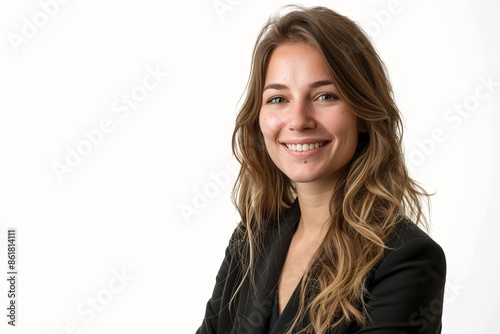 A confident young businesswoman with wavy hair smiles against a pure white background, exuding professionalism © qorqudlu