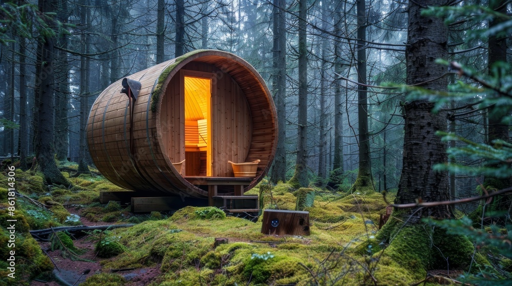Wooden Barrel Sauna in Serene Scandinavian Forest at Sunset - Relaxation Therapy Concept Wooden Barrel Sauna in Serene Scandinavian Forest at Sunset - Relaxation Therapy Concept