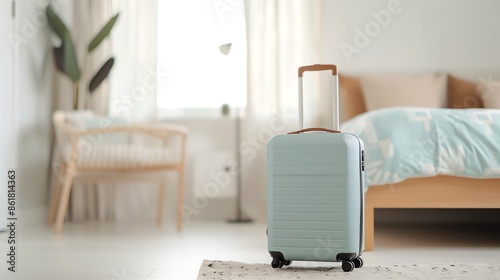 Travel suitcase in cozy bedroom with bed and wicker chair, ready for vacation or business trip. Minimalist and bright interior design.