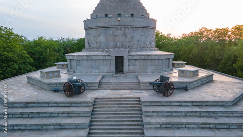 Aerial view of The Mausoleum of  Heroes of World War I from Marasesti, Romania. Photography was taken from a drone at a higher altitude at sunset with the building in the view. photo