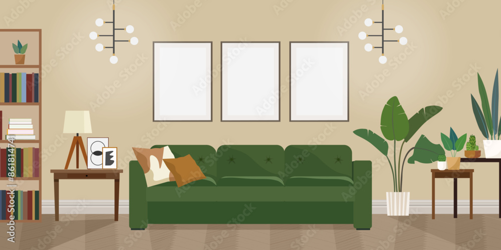 Horizontal classic interior with mock-ups of paintings on the wall. Empty photo frames in the interior of the living room. Vector illustration. Horizontal classic interior with mock-ups of paintings on the wall. Empty photo frames in the interior of the living room. Vector illustration.
