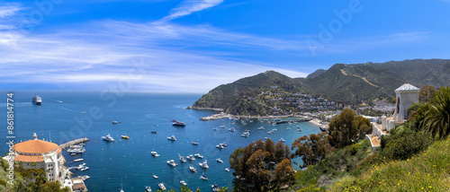 Panoramic view of Catalina Island Bay and Avalon city in California. Famous resorts and travel tourism attraction.