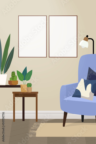 Two empty photo frames in an interior with a blue chair and plans. Classic interior with mock-ups of paintings on the wall. Vector illustration.