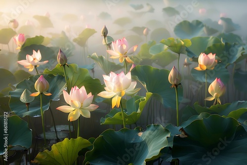 The radiant serenity of a lotus pond at sunrise, each bloom touched by light
