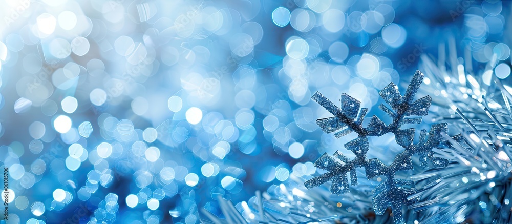 Background with blue bokeh and snowflake droplets, ideal for New Year and Christmas themes, featuring copy space image.