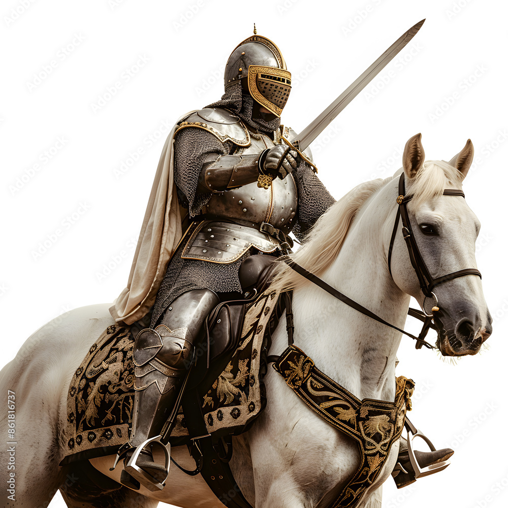 Medieval knight clad in full armor, including helmet with visor, rides ...