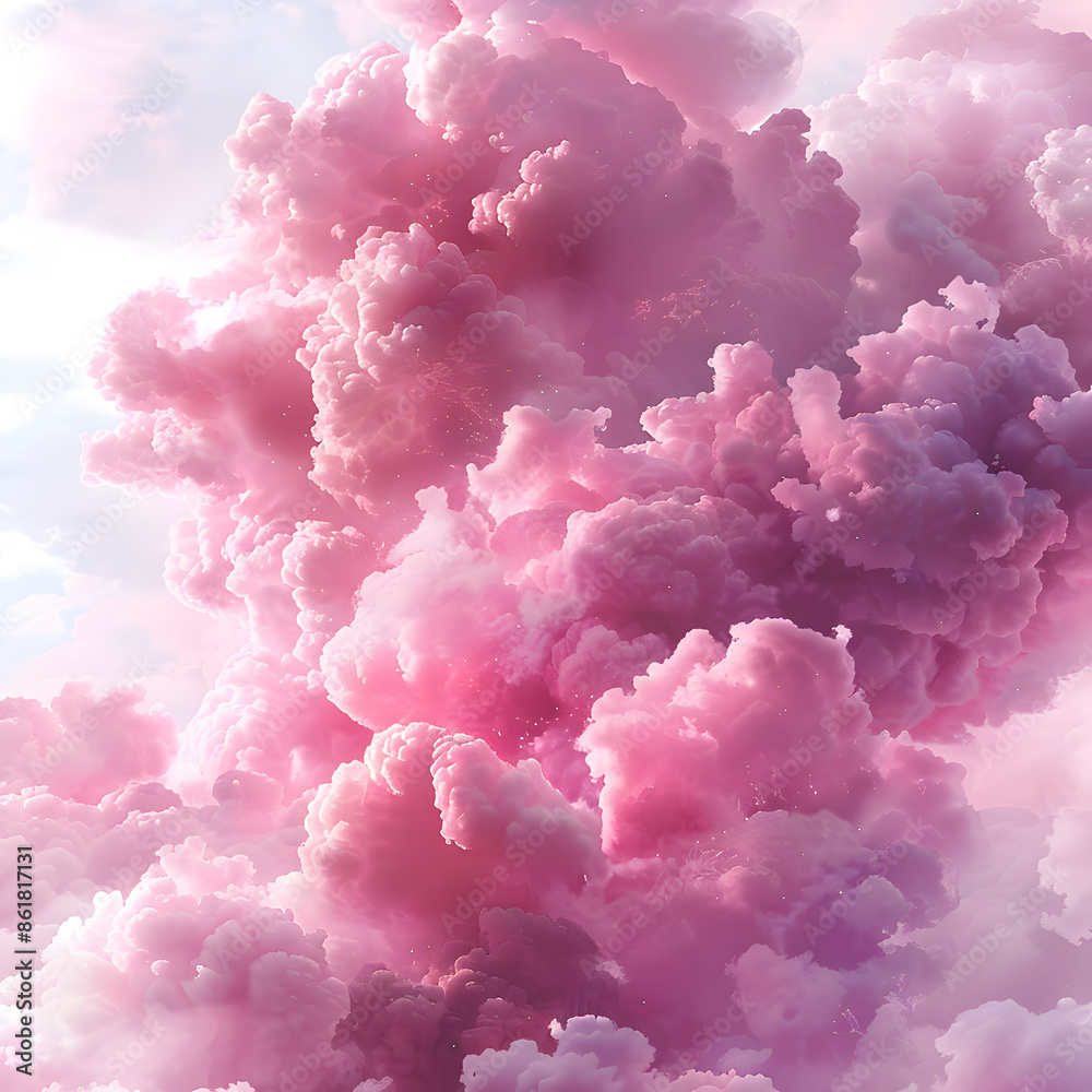Bright, beautiful sky with fluffy white and pink clouds. The clouds are in variety of shapes and sizes, and sky is gray Bright, beautiful sky with fluffy white and pink clouds. The clouds are in variety of shapes and sizes, and sky is gray