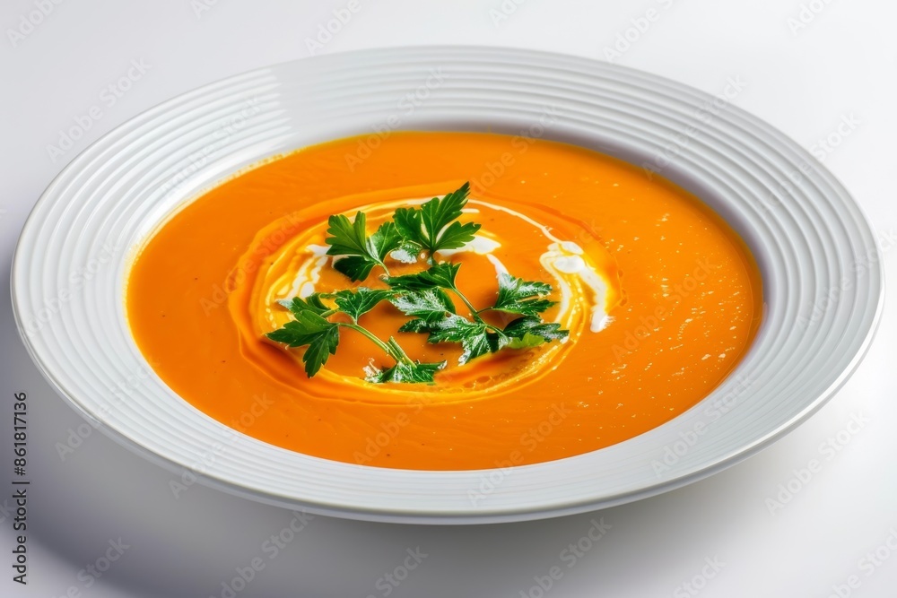 Vibrant Carrot Soup Served in Elegant White Bowl with Creamy Swirl Vibrant Carrot Soup Served in Elegant White Bowl with Creamy Swirl