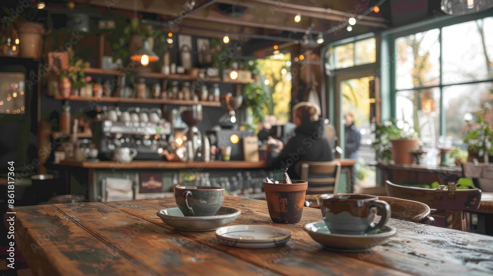 Cozy cafe interior with rustic wooden tables and a warm, inviting atmosphere