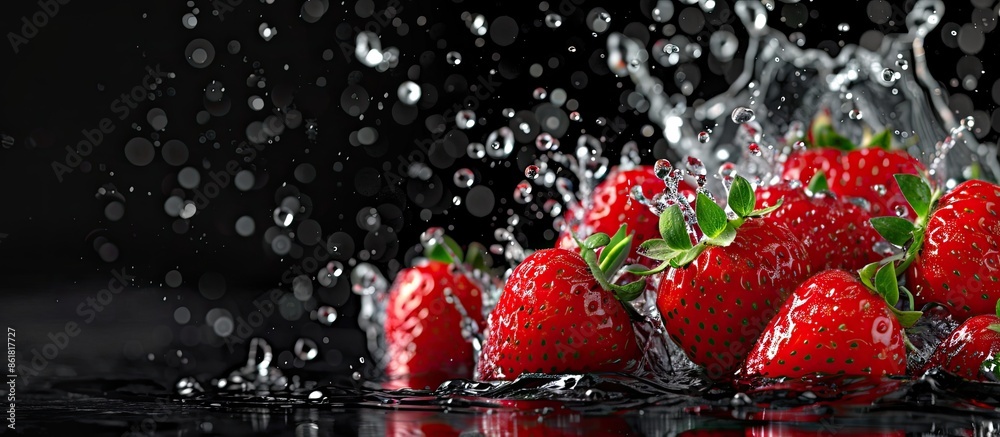 Ripe strawberries splashing in water, isolated on black with copy space image.