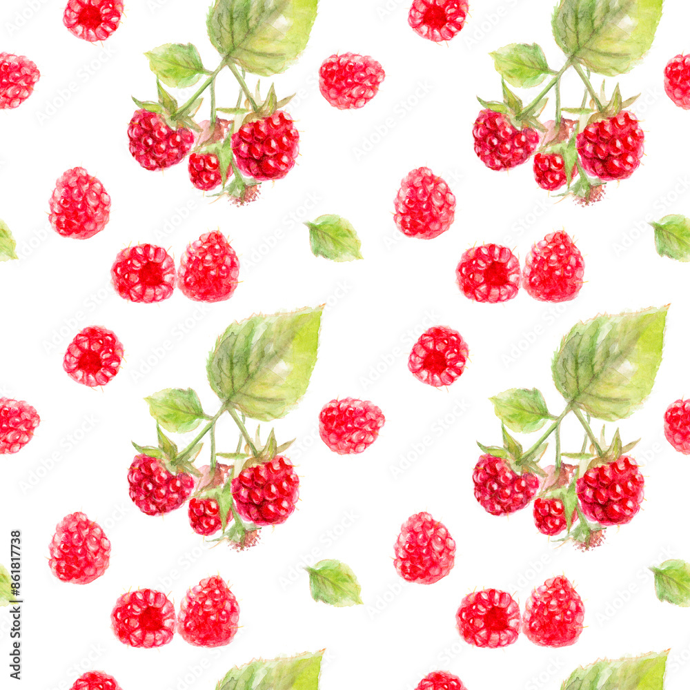Watercolor Raspberry Pattern on White Background is ideal for fabric, fashion, and decoration Watercolor Raspberry Pattern on White Background is ideal for fabric, fashion, and decoration