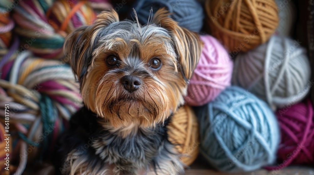 Cute dog sitting in front of colorful yarn balls, perfect for knitting or pet-themed projects. Cute dog sitting in front of colorful yarn balls, perfect for knitting or pet-themed projects.