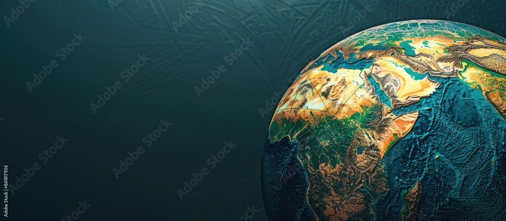 Fototapeta premium Planet earth globe featuring a political map against a dark backdrop, highlighted by African countries and the Atlantic Ocean, with copy space image.