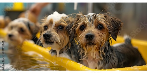 Grooming and Bathing Dogs of Different Breeds at a Daycare Spa. Concept Dog Grooming, Bathing, Different Breeds, Daycare Spa, Pet Wellness photo