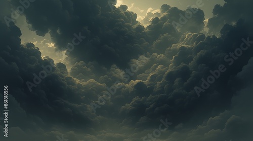 The sky is dark and cloudy, with a few rays of light peeking through the clouds. Anime cloud background © Imaginary Capture