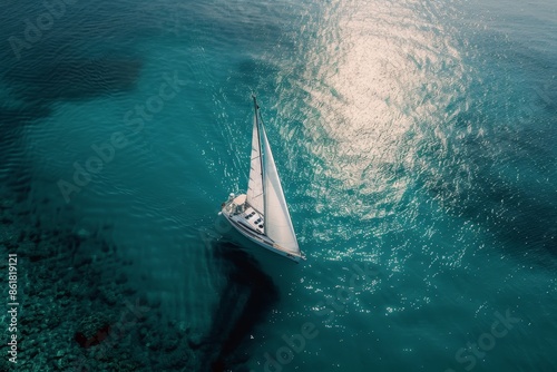 Aerial View of Sailboat Gliding Over Crystal Clear Waters - Serenity and Beauty of Sea Travel