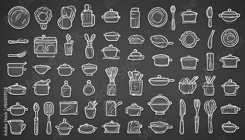 Minimalist Outline Icons Set for Cooking Foods and Kitchen Items