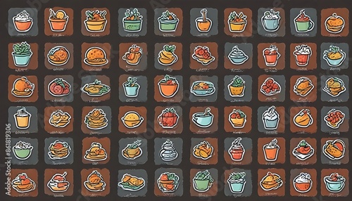Sleek Black Outline Vector Icons of Various Food Items for Digital Culinary Projects