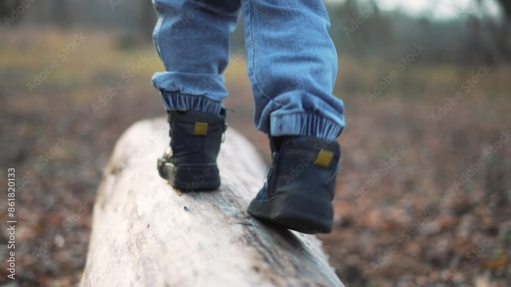 Child on log.legs in trackers close-up on log forest park.walk in forest park.child's dream.child wearing trackers walks on log.happy child.playing on balance beam in forest park.happy family concept Child on log.legs in trackers close-up on log forest park.walk in forest park.child's dream.child wearing trackers walks on log.happy child.playing on balance beam in forest park.happy family concept