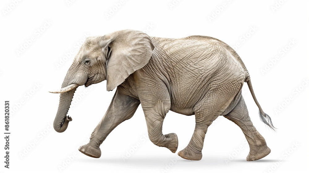 Fototapeta premium Elephant in motion on a white background. AI-generated image of a majestic animal. Ideal for educational and wildlife-themed content. High-resolution and stunning visual. AI