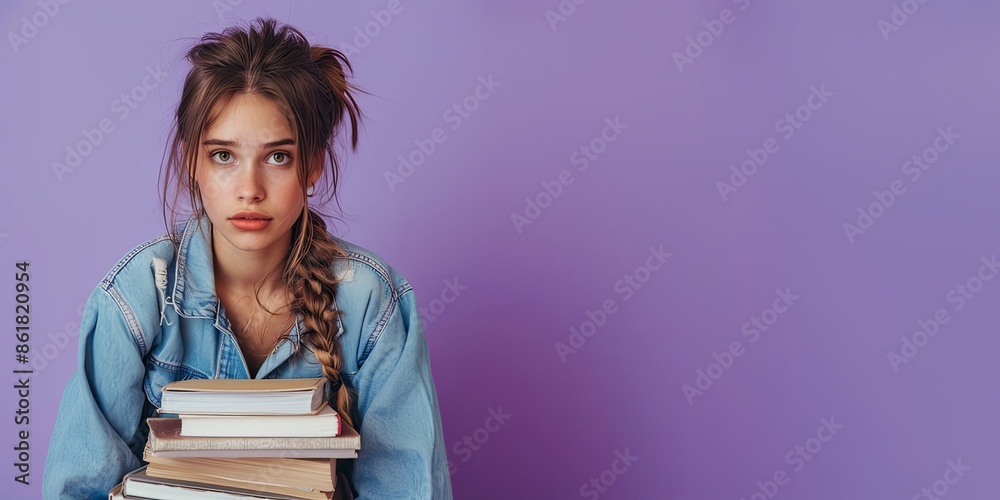 A tired girl with a braid and denim jacket, holding a stack of books against a purple background with copy space. A tired girl with a braid and denim jacket, holding a stack of books against a purple background with copy space.