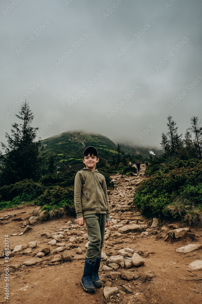Hiking trip with my son to the mountains in the summer. Harmonious child rearing. Hiking trip with my son to the mountains in the summer. Harmonious child rearing.