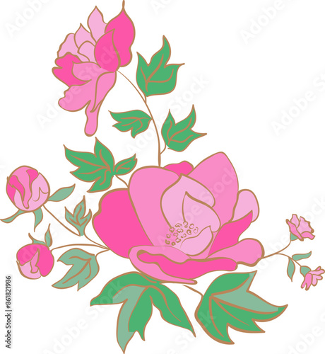 Elegant floral bouquet composition with pink roses and leaves for greeting cards decoration vector