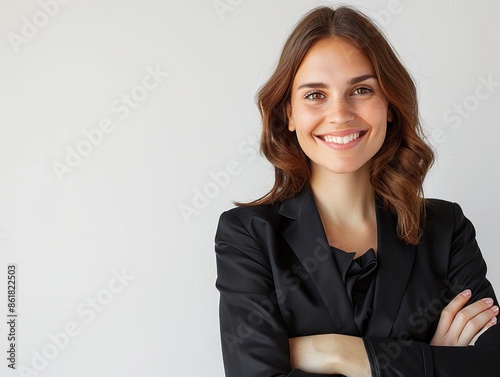 Professional and approachable young woman in a black suit with crossed arms in office environment