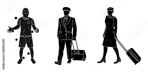 Flight attendant, pilot, juggler, silhouette outline sketch