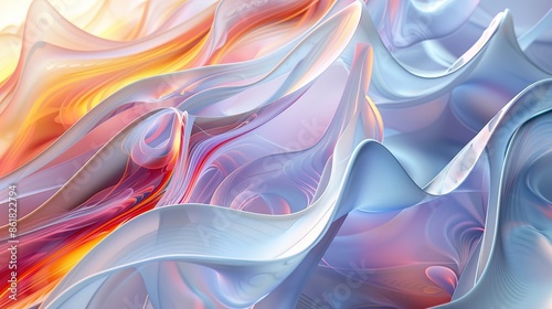A bold 3D abstract composition with layered, translucent waves and intricate textures, creating a sense of motion and fluidity.