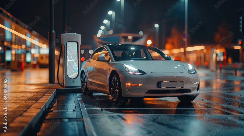 Fototapeta premium Electric car charging at a station in a city at night, showcasing a modern and eco-friendly urban transportation solution.