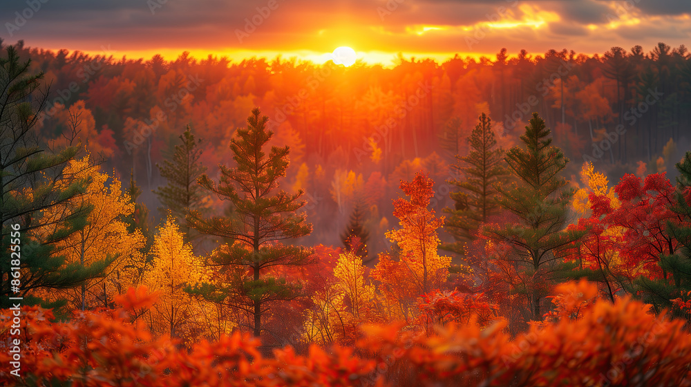 Autumn forest landscape, orange golden foliage, fall wallpaper