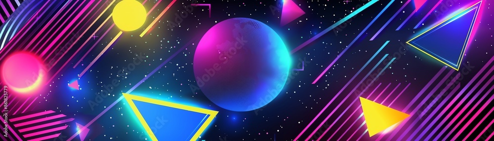 Vibrant 80s Retro Background with Neon Shapes and Geometric Patterns ...