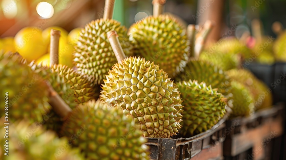 Fresh durian fruits displayed in baskets at a market. The spiky skins and tropical setting highlight the unique and exotic nature of the fruit. Fresh durian fruits displayed in baskets at a market. The spiky skins and tropical setting highlight the unique and exotic nature of the fruit.