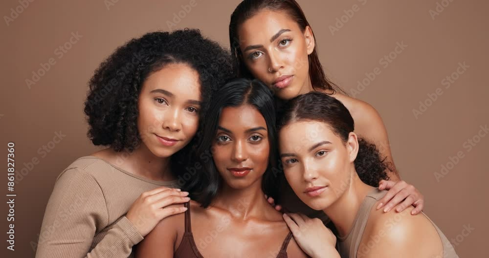 Skincare, beauty and group of women with diversity for natural, cosmetic or face routine. Healthy, wellness and portrait of female friends with facial glow dermatology treatment by studio background.