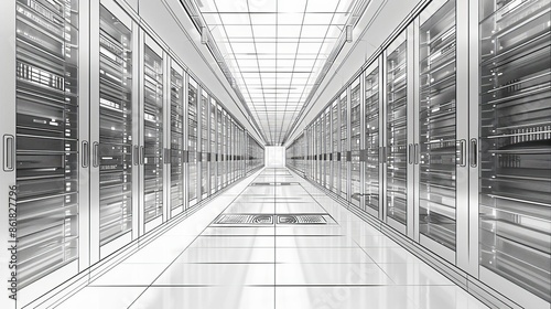 Black and white line drawing of server room with data center in the background
