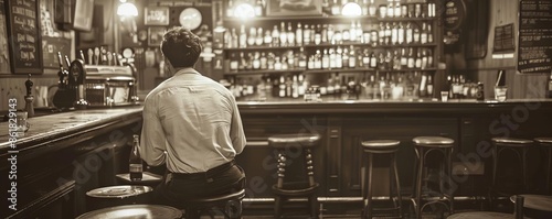 A vintage photo of an old fashioned bar with wooden stools and bottles