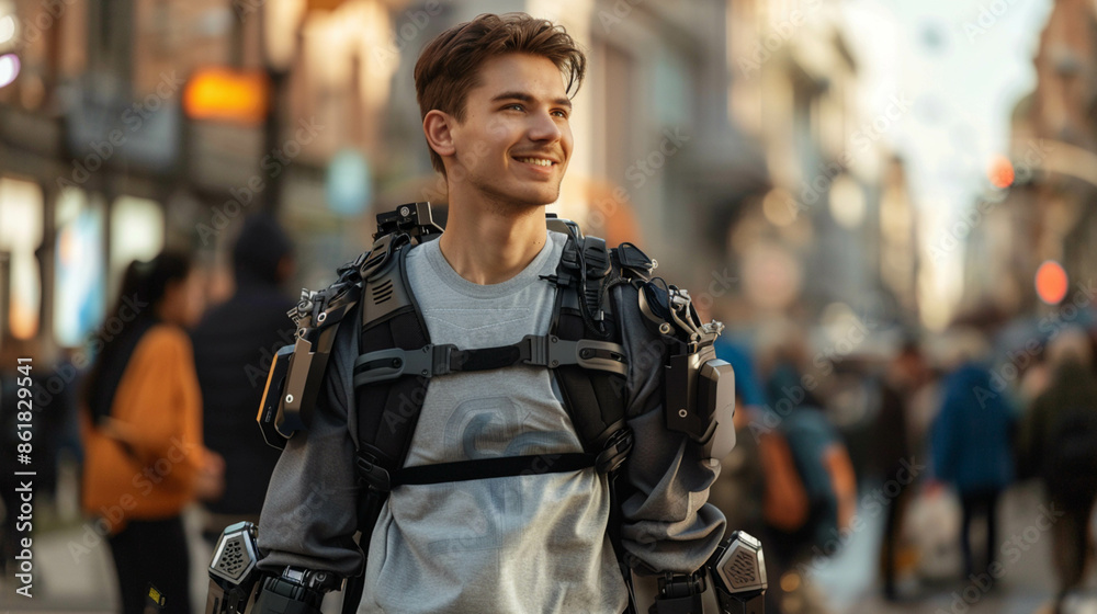 Go back to walking. Portrait of a confident handsome guy wearing an exoskeleton and bionic arms walking in city street with blurred background. Go back to walking. Portrait of a confident handsome guy wearing an exoskeleton and bionic arms walking in city street with blurred background.