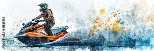 Watercolor painting of a man driving a jet ski in the sea. © S photographer