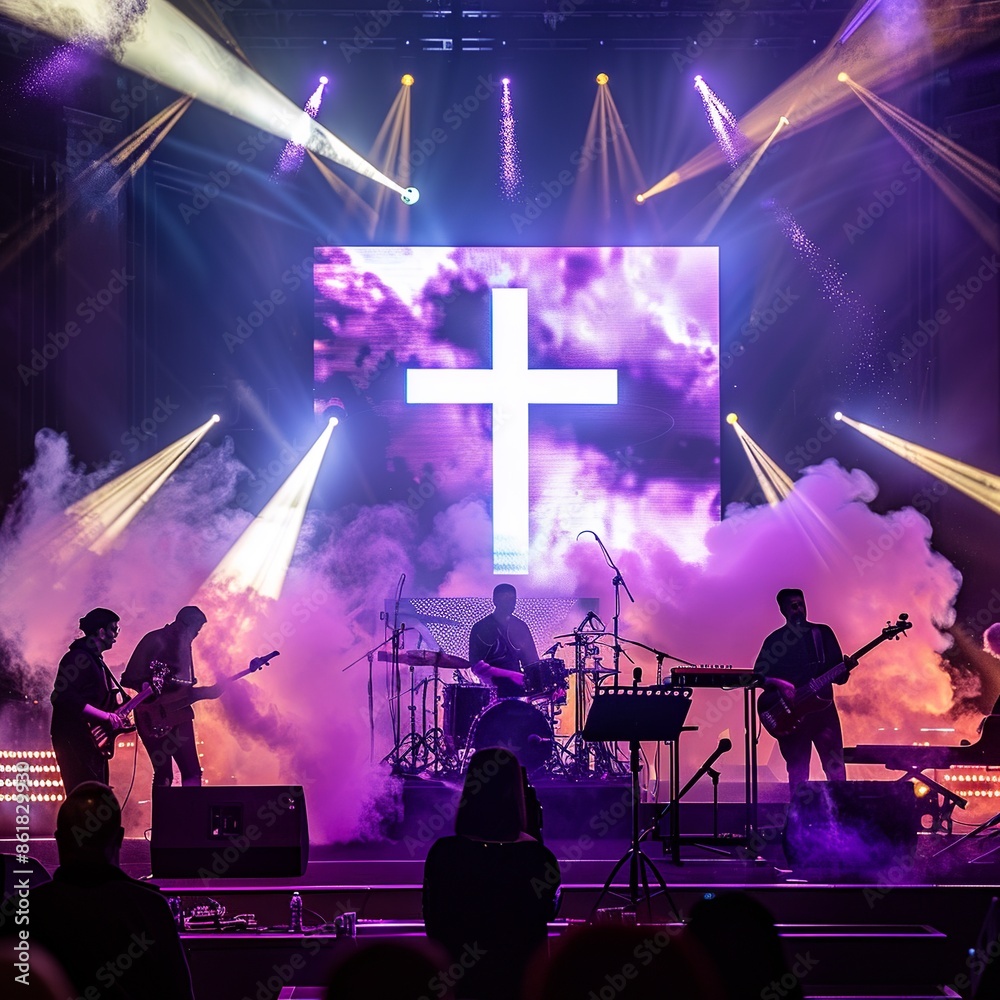 Church altar with a band performing, illuminated by bright lights and smoke, with a cross projected behind the musicians. Perfect for themes of worship and modern spirituality. Church altar with a band performing, illuminated by bright lights and smoke, with a cross projected behind the musicians. Perfect for themes of worship and modern spirituality.