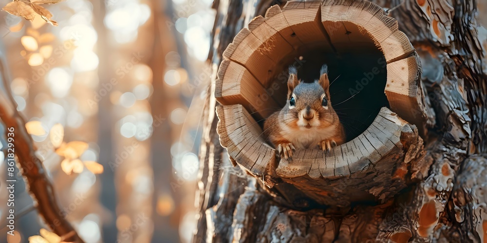 Naklejka premium Neural network technology designs a cozy treehouse interior for squirrels or chipmunks. Concept Design, Neural Network, Treehouse, Squirrels, Chipmunks