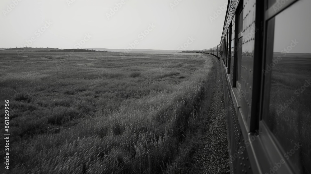 Fototapeta premium The train carves a path through the untouched beauty of the prairies.