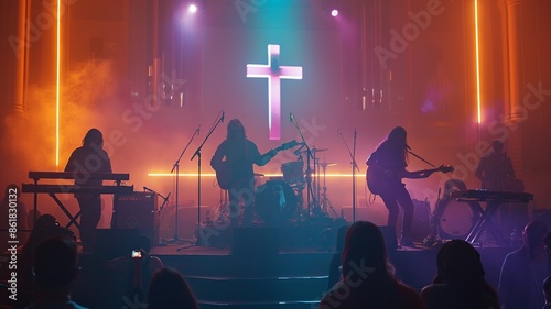 Church altar with a band performing, illuminated by bright lights and smoke, with a cross projected behind the musicians. Perfect for themes of worship and modern spirituality.
