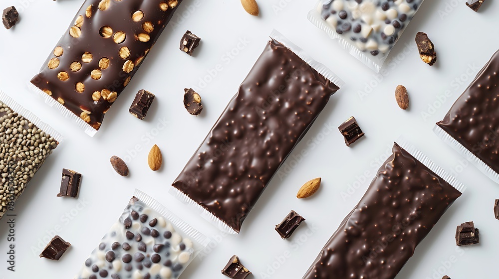 Assortment of chocolate bars with various toppings and nuts on white background. Photo ideal for food blog, packaging design, or advertising. Assortment of chocolate bars with various toppings and nuts on white background. Photo ideal for food blog, packaging design, or advertising.