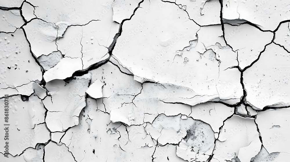 Close-up of cracked white paint on a wall, showing texture and age.