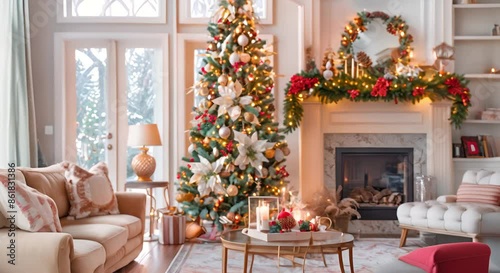 Warm and Inviting Home Interior Adorned with Festive Christmas Decor and a Beautifully Decorated Christmas Tree	
 photo