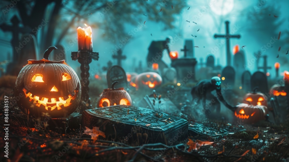 Obraz premium Spooky Halloween graveyard scene with glowing jack-o'-lanterns, tombstones, and creepy figures. Perfect for Halloween themes of horror, fear, and the supernatural.