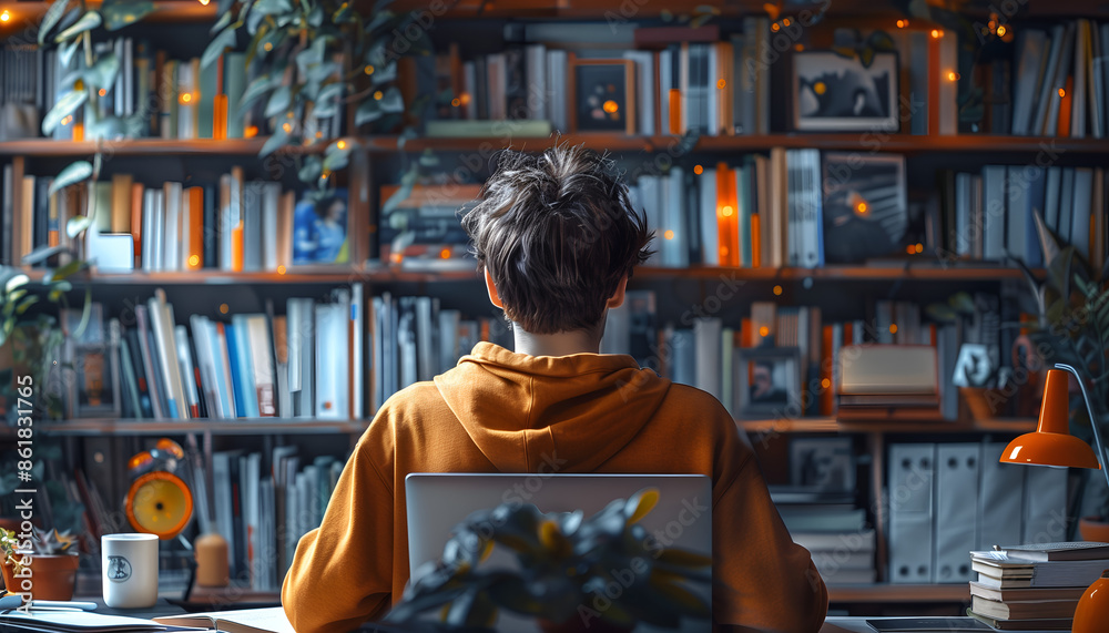 Person Studying in Cozy Home Library with Warm Lighting and Bookshelves Person Studying in Cozy Home Library with Warm Lighting and Bookshelves