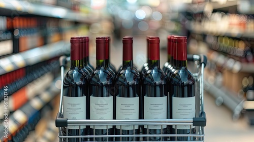 Closeup of a shopping cart filled with red wine bottles in a grocery store aisle